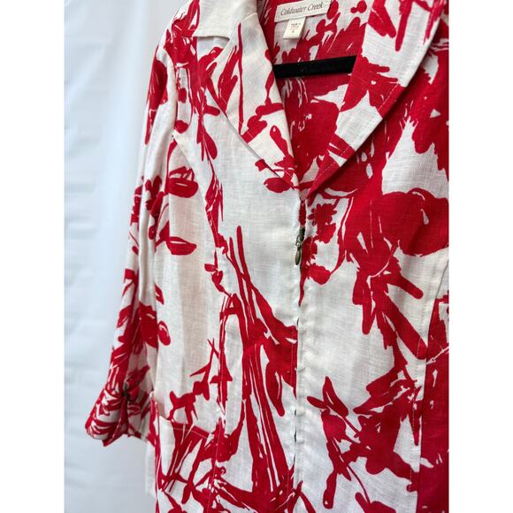 Coldwater Creek Size 6 Womens 100% Linen Top Red White Floral Long Sleeve Button - Picture 4 of 6